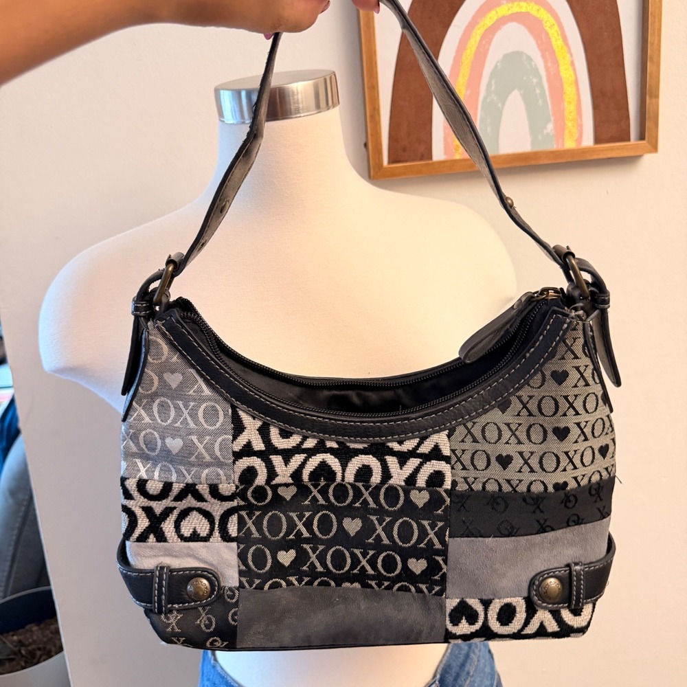 XOXO Patchwork Shoulder Bag Womens Small Black Grey Monogram Heart Y2K Purse